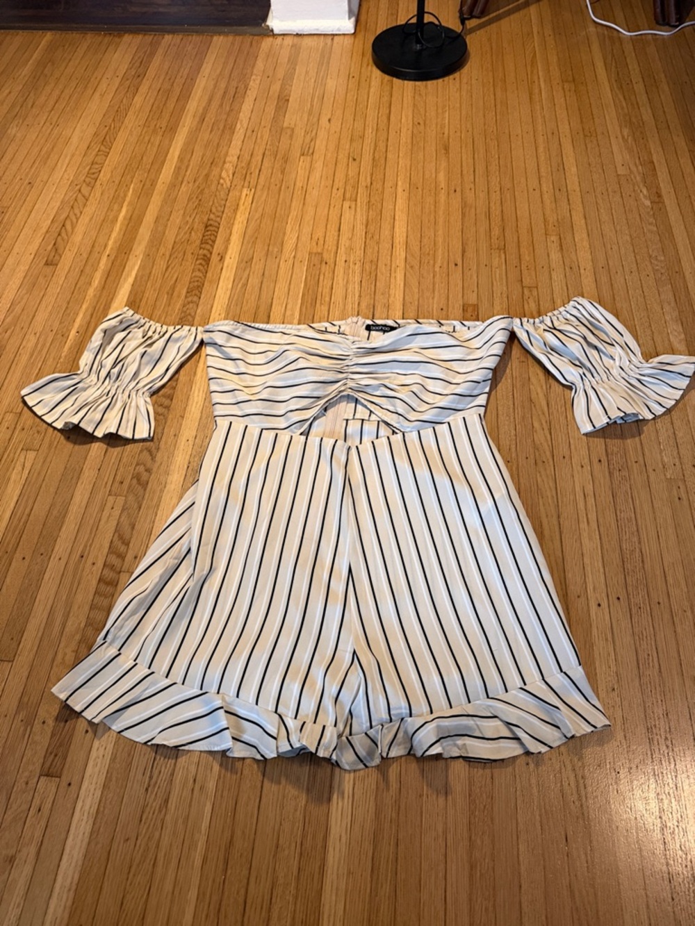 Boohoo White Off-Shoulder Striped Romper
